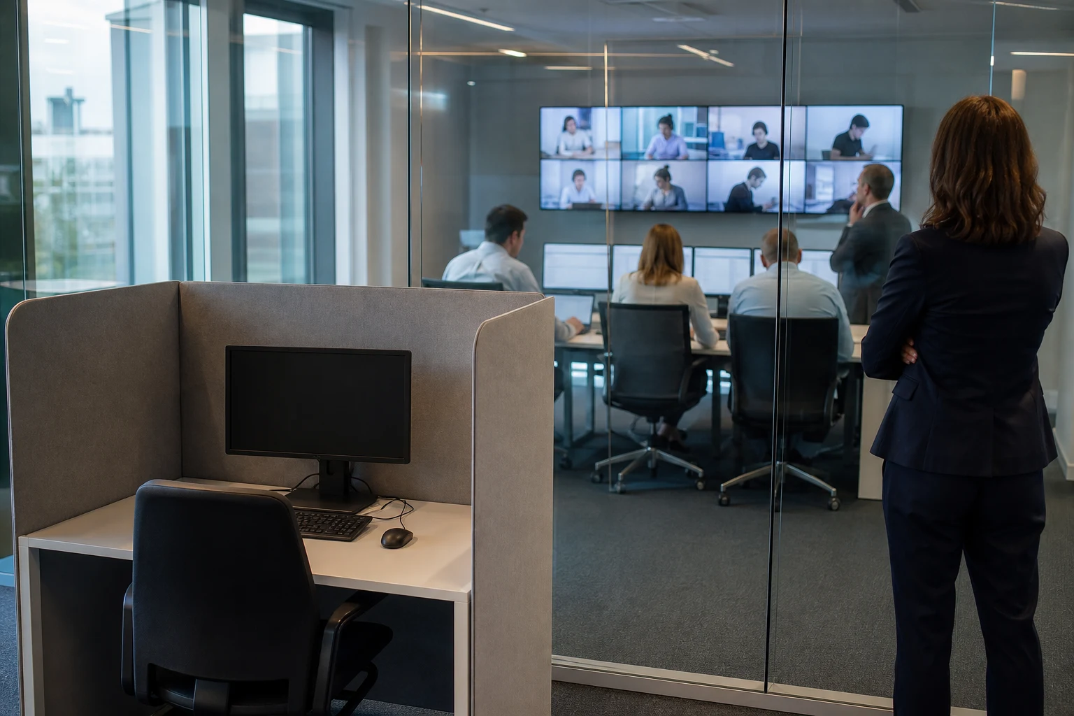 Leerer Vor-Ort-Testplatz vor einem Bereich mit betreuten Remote-Tests als Darstellung der EPSO-Testvergabe.