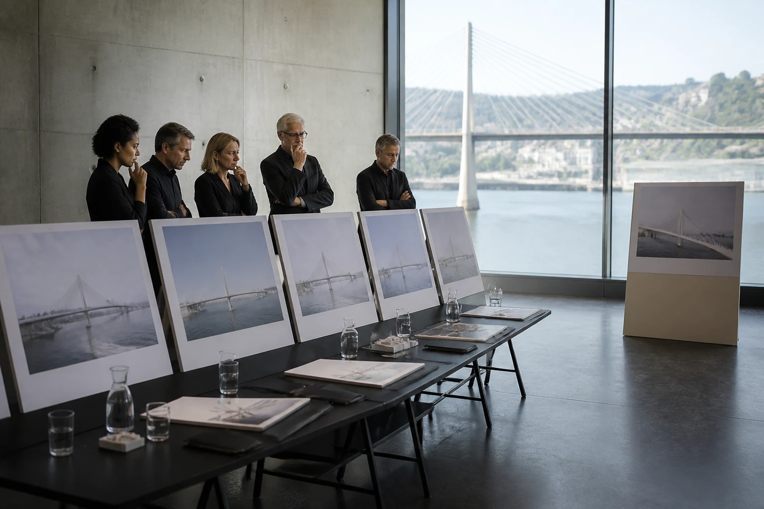 Anonymes Preisgericht bewertet unveränderte Brückenentwürfe in einem Planungswettbewerb.