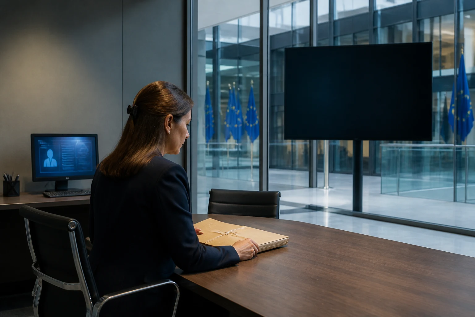Unternehmensmitarbeiter vor gesperrter öffentlicher EDES-Anzeige bei fortbestehendem internem Ausschlusszugang