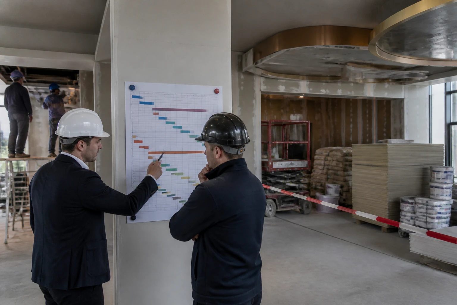 Baustelle mit getrennten Arbeitsbereichen und dokumentiertem Bauablauf bei einem Streit über Bauzeitmehrkosten
