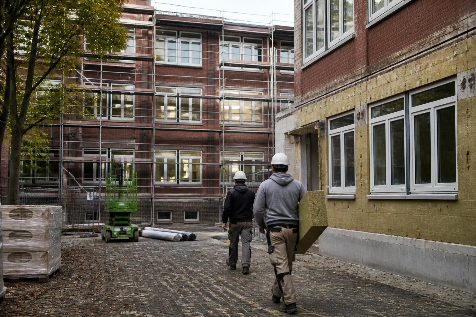 Bauarbeiter renovieren eine Berliner Schule mit Gerüst und neuen Fenstern