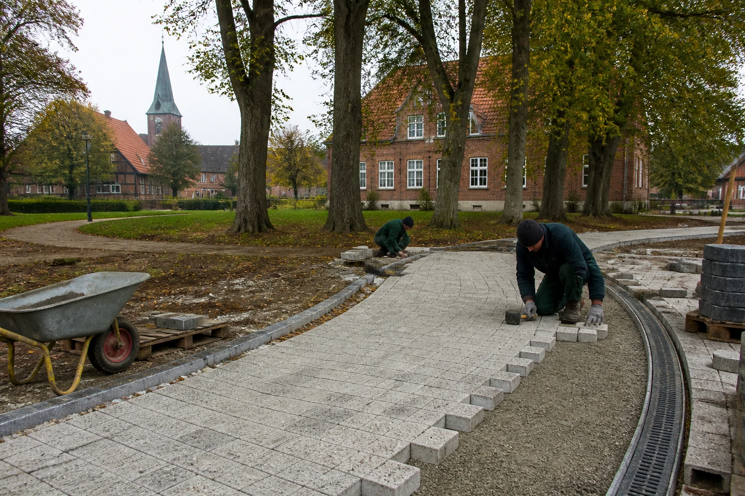 Bauarbeiter verlegen recyclinghaltige Betonpflastersteine auf einer kommunalen Außenfläche
