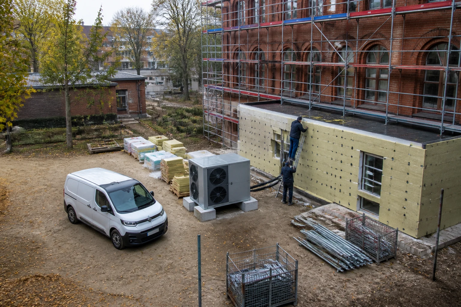 Bauarbeiter installieren energieeffiziente Gebäudetechnik an einer öffentlichen Schule in Berlin.